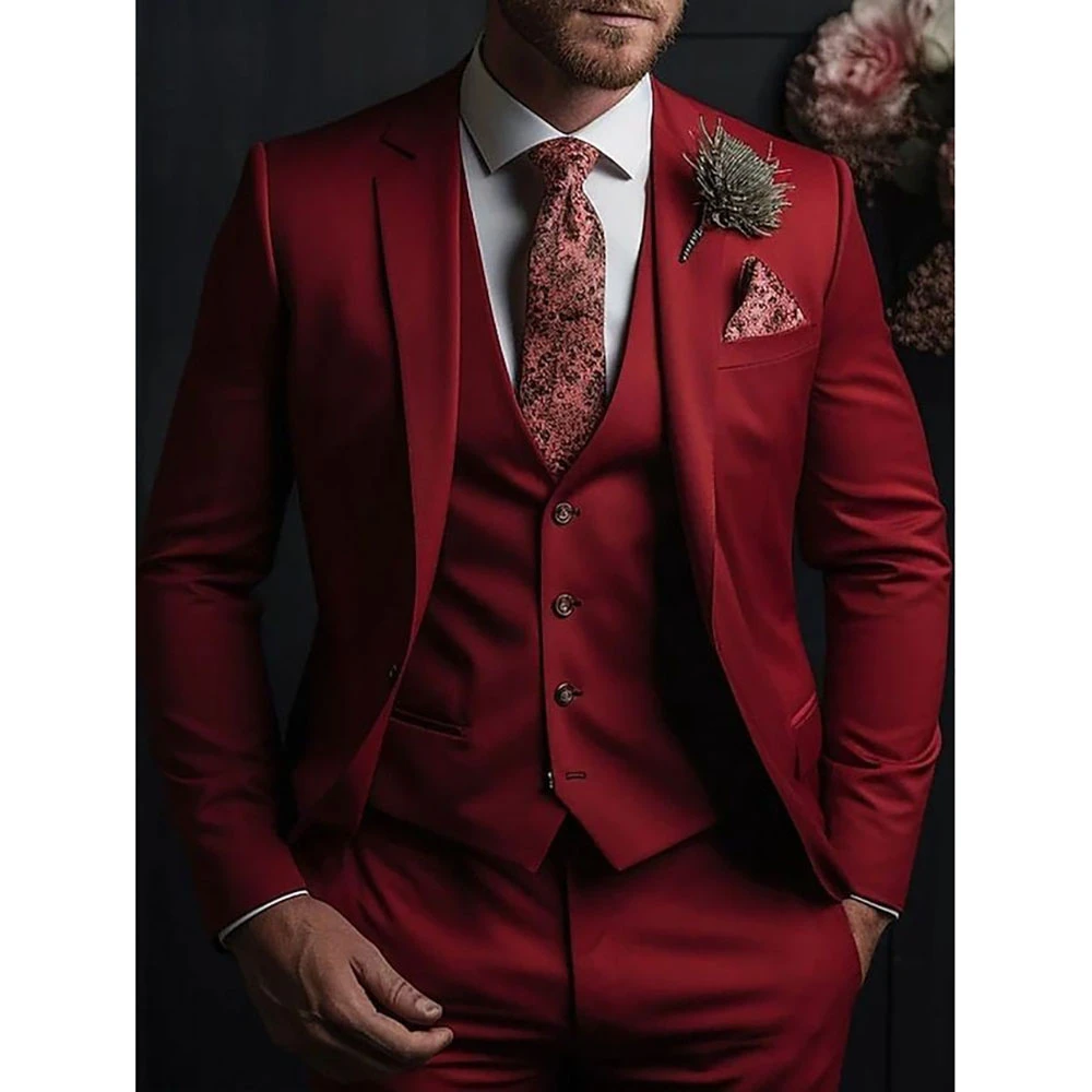 Fashion Red Men Suits Single Breasted Notch Lapel Slim Fit Wedding 3 Piece Jacket Pants Vest Blazer High Quality Costume Homme