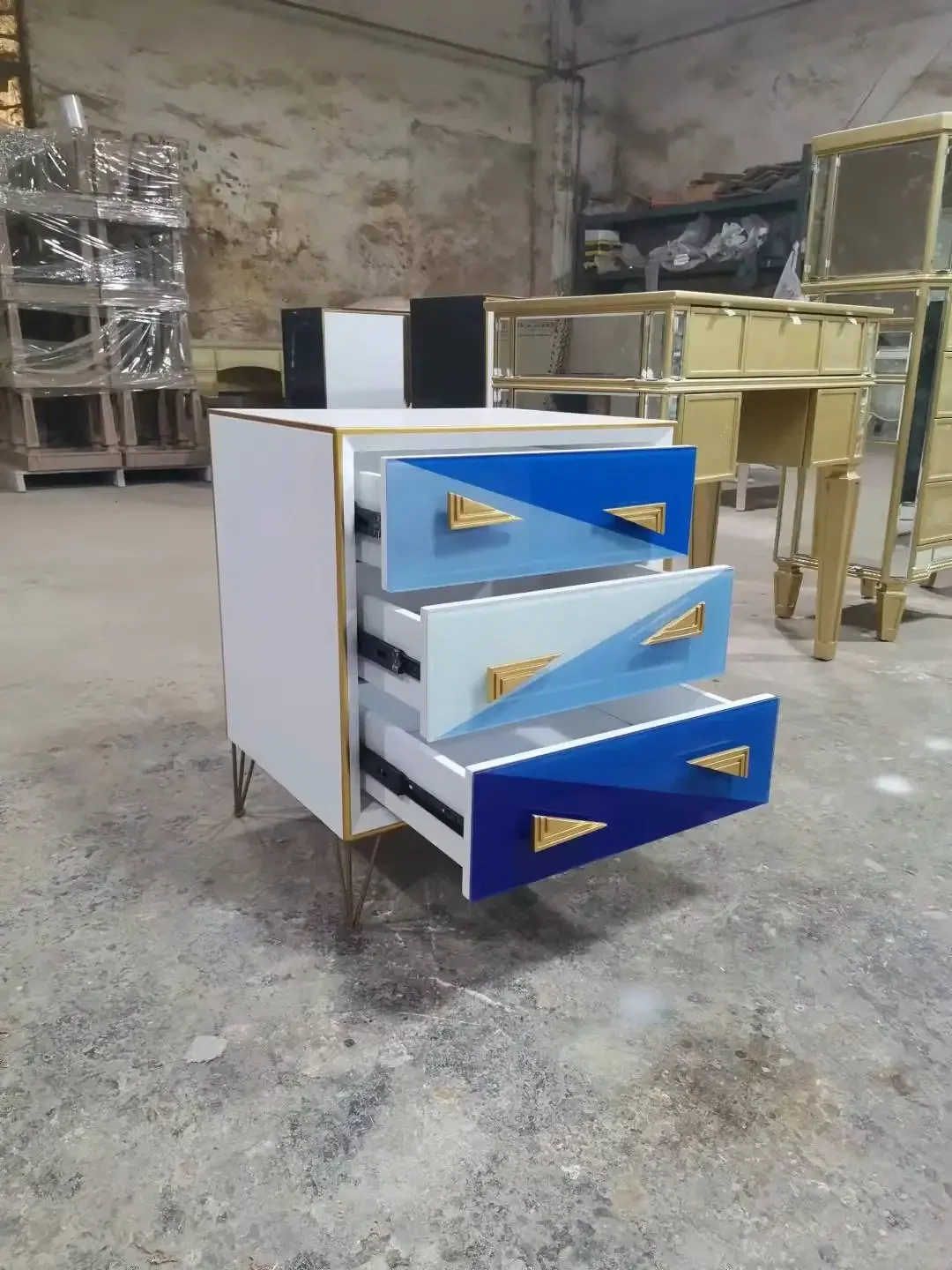 Three-drawer wardrobe Three-drawer bedside table Golden metal leg tableware