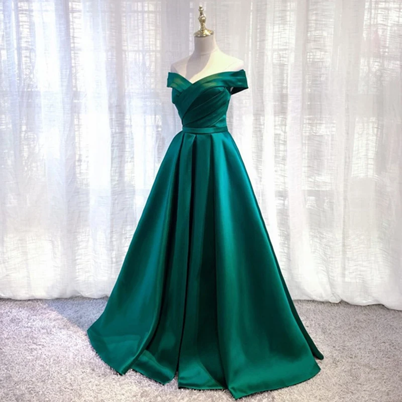 Green Gorgeous Satin Formal Evening Dresses Beautiful Off Shoulder Pleated Elegant Prom Gowns Long Party Dress Robe De Soiree