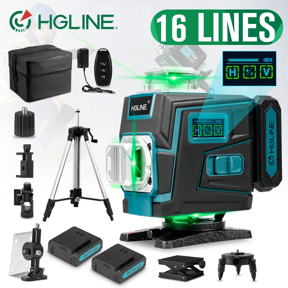 HGLINE 16-Linien-Laser-Nivelliergerät mit grüner Linie, selbstnivellierend, 360° horizontal und vertikal, professionelles Baugerät