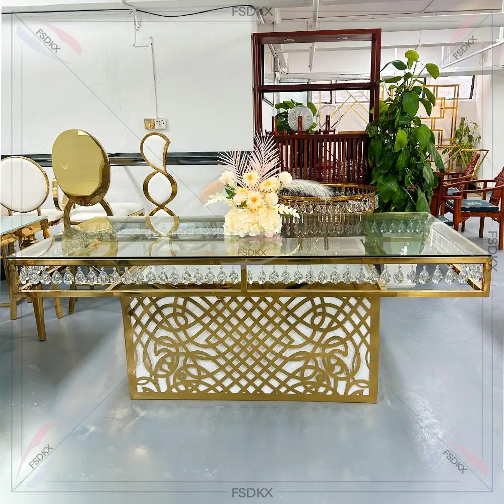 Golden Stainless steel Luxury Hotel Crystal Dining table With Tempered Glass