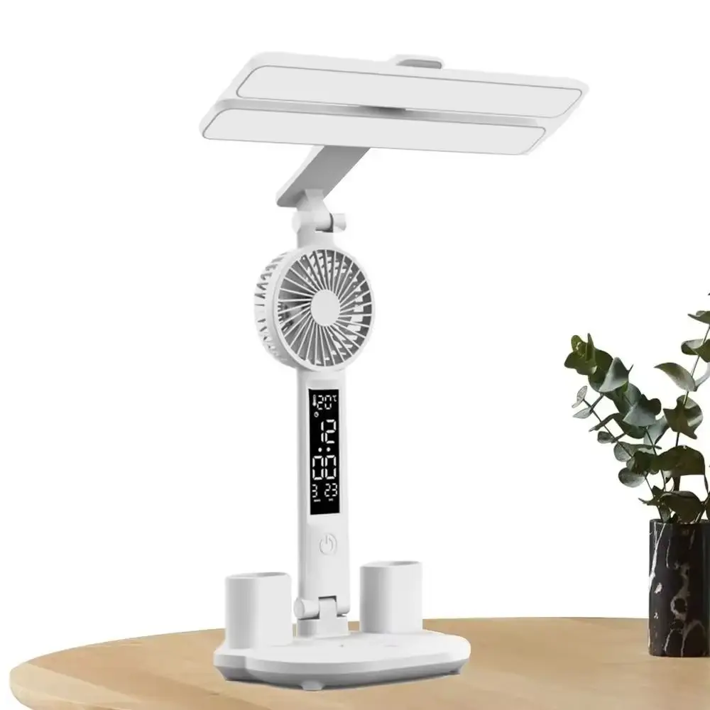 Double Head LED Fan Table Light USB Charging Folding Reading Light with Pen Holder Eye Protection Desk Lamp Dormitory