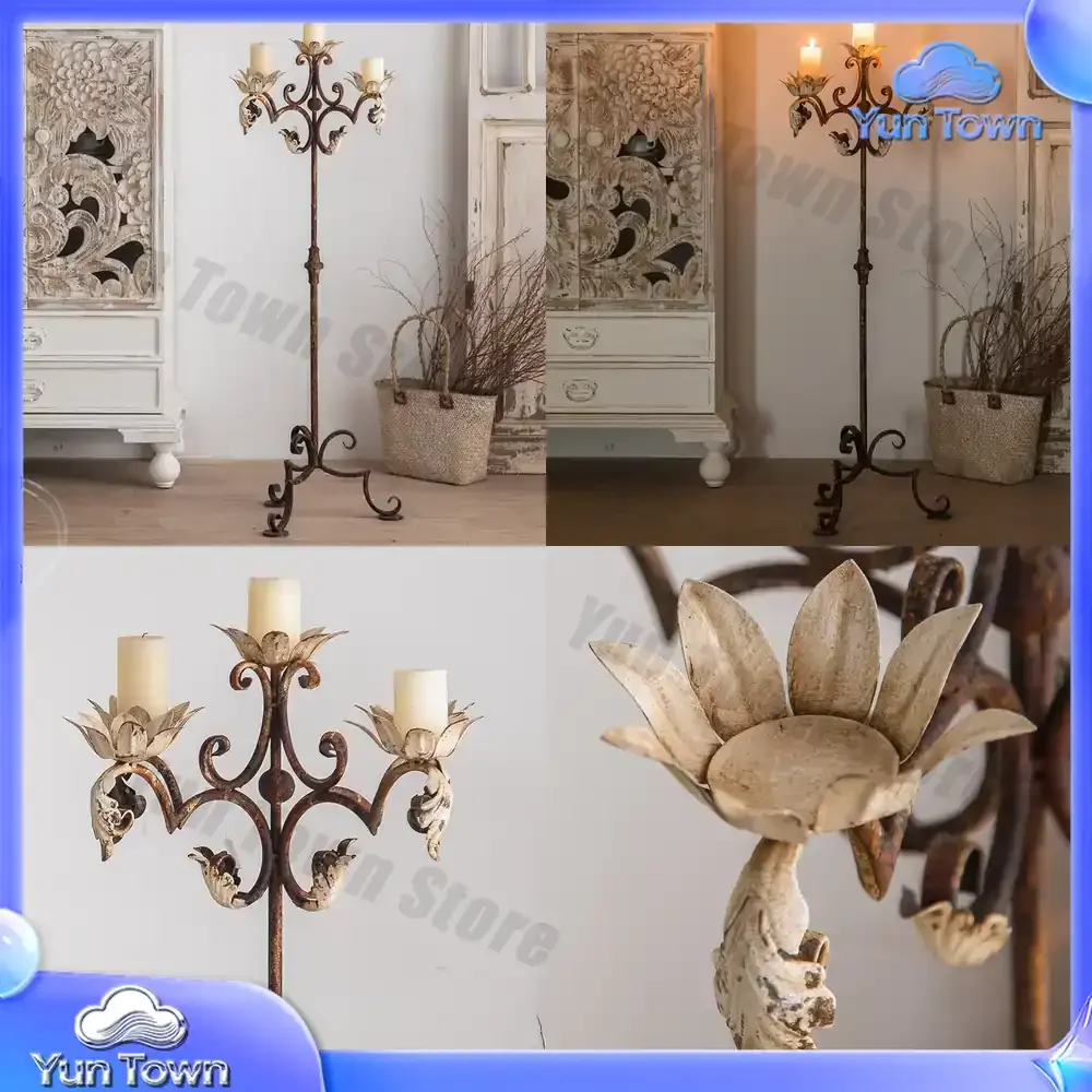 Wabi Sabi Iron Vintage Distressed Floor Standing Tall Triple Candle Holder for Wedding Decoration Home Decor Living Room