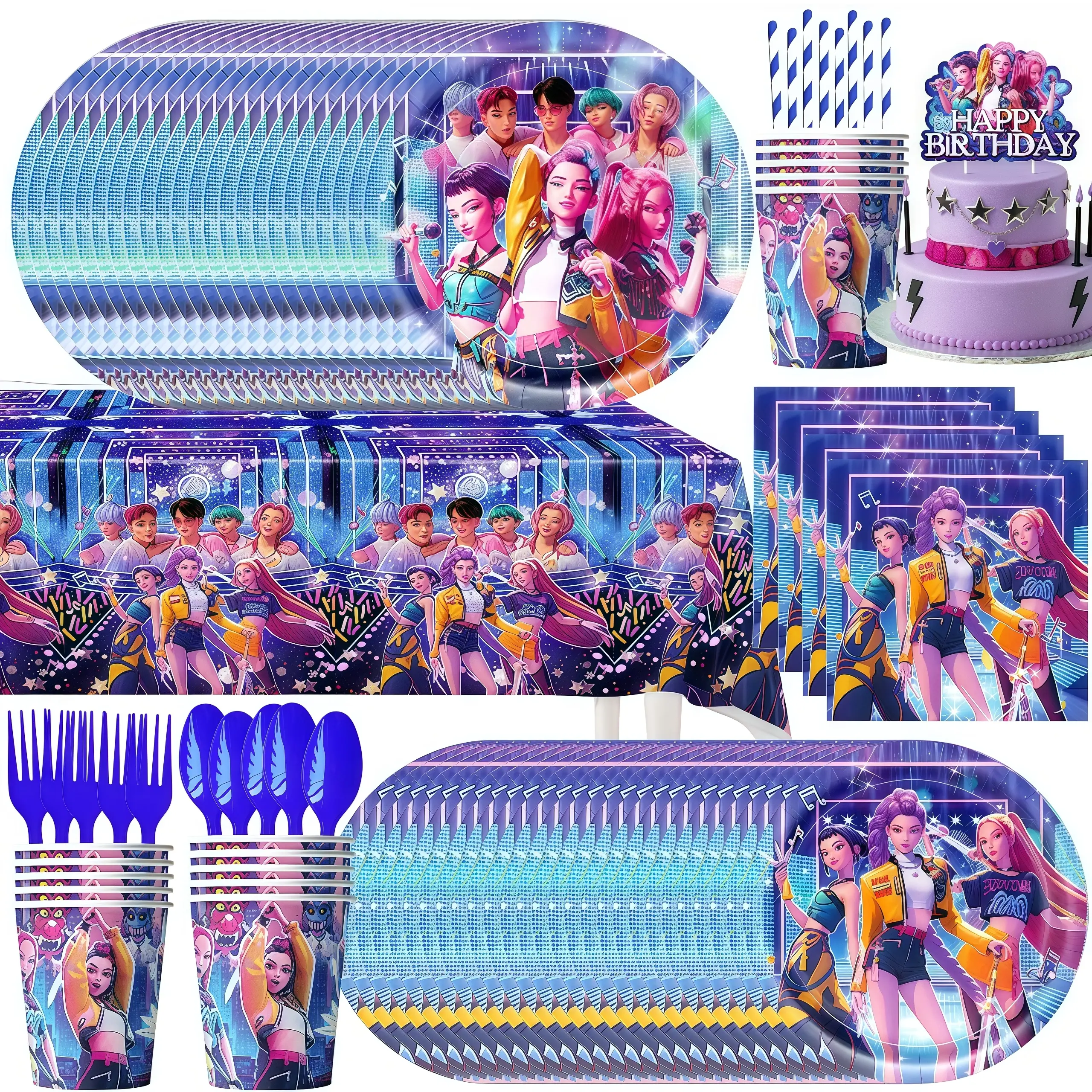 Conjunto de talheres para decoração de festa de aniversário, caçadores de demônios, copo, prato, guardanapo, banner, balão, meninas, coreano, kpop, anime, suprimentos de festa, decoração