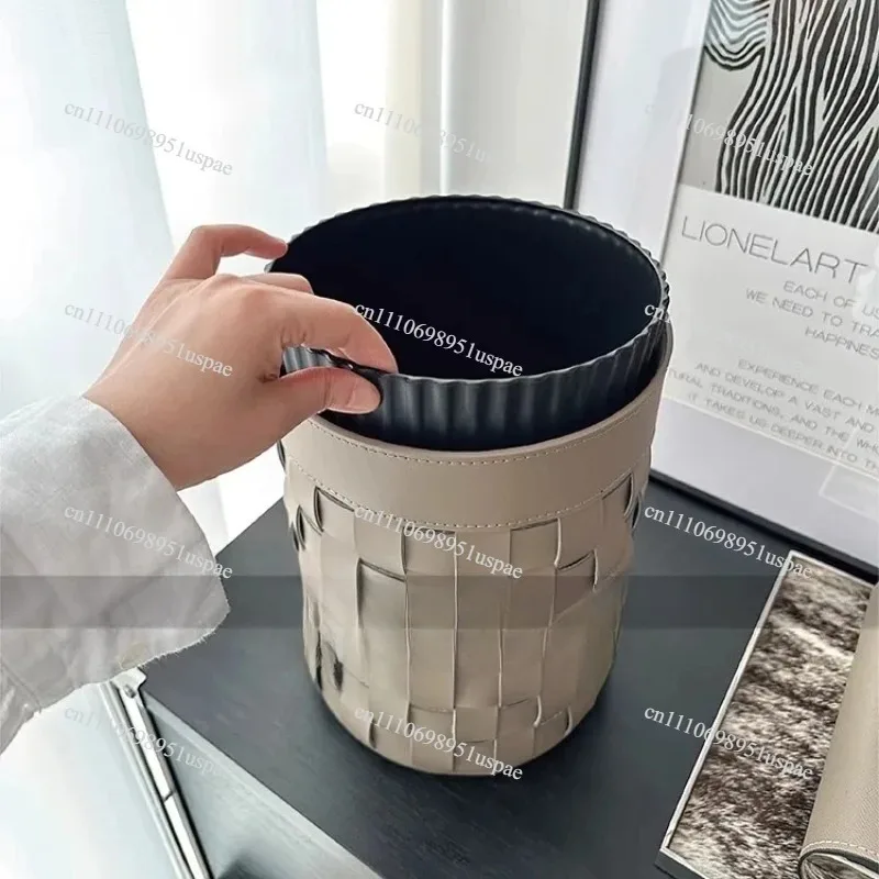 ‌Handwoven Saddle Leather Trash Bin | Multi-Surface Waste Basket for Desktop, Car Console & Bedside, Compact Vintage Home Decor