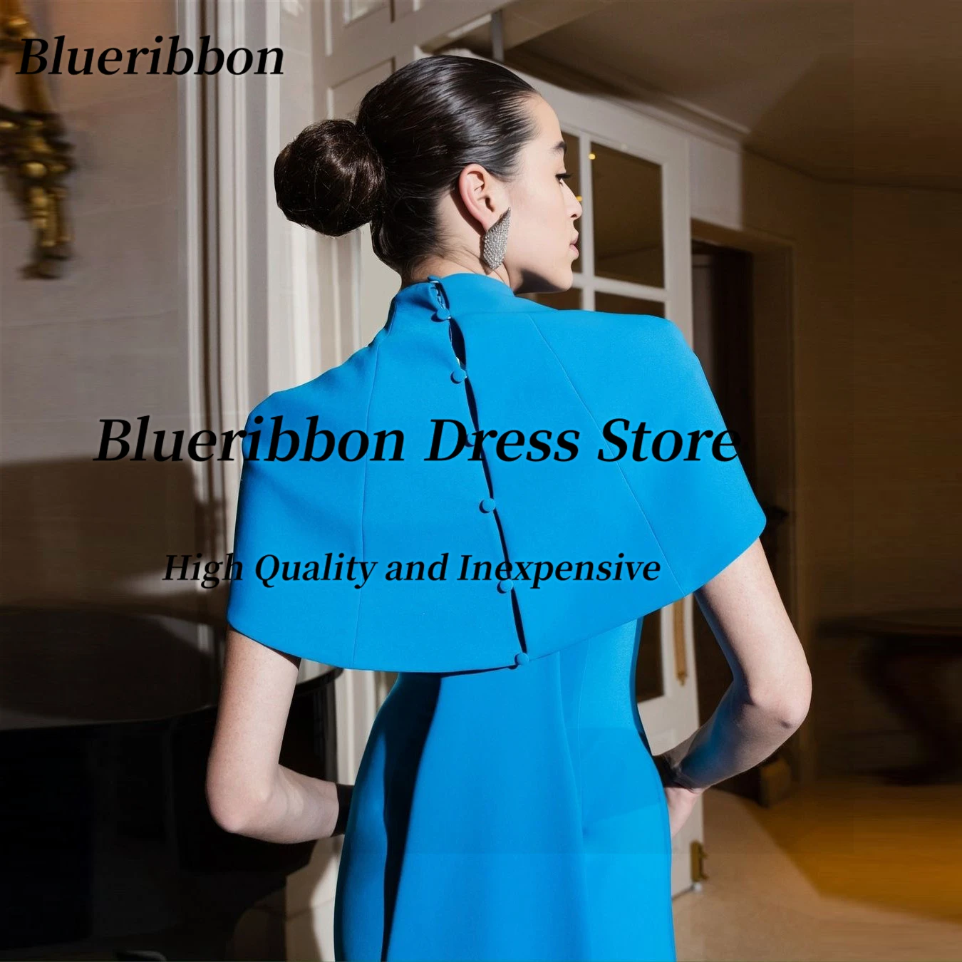 Blueribbon Hauter Couture 2024 Elegant Women Wear Evening Dresses High Collar Buttons Wraps Prom Dress Long Robe Des Marrige