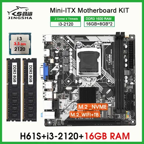 Desktop H61 Mini ITX motherboard LGA 1155 kit set combo with Core I3 2120 CPU and 16GB 1600MHz DDR3 PC memory NVME WIFI M.2 VGA
