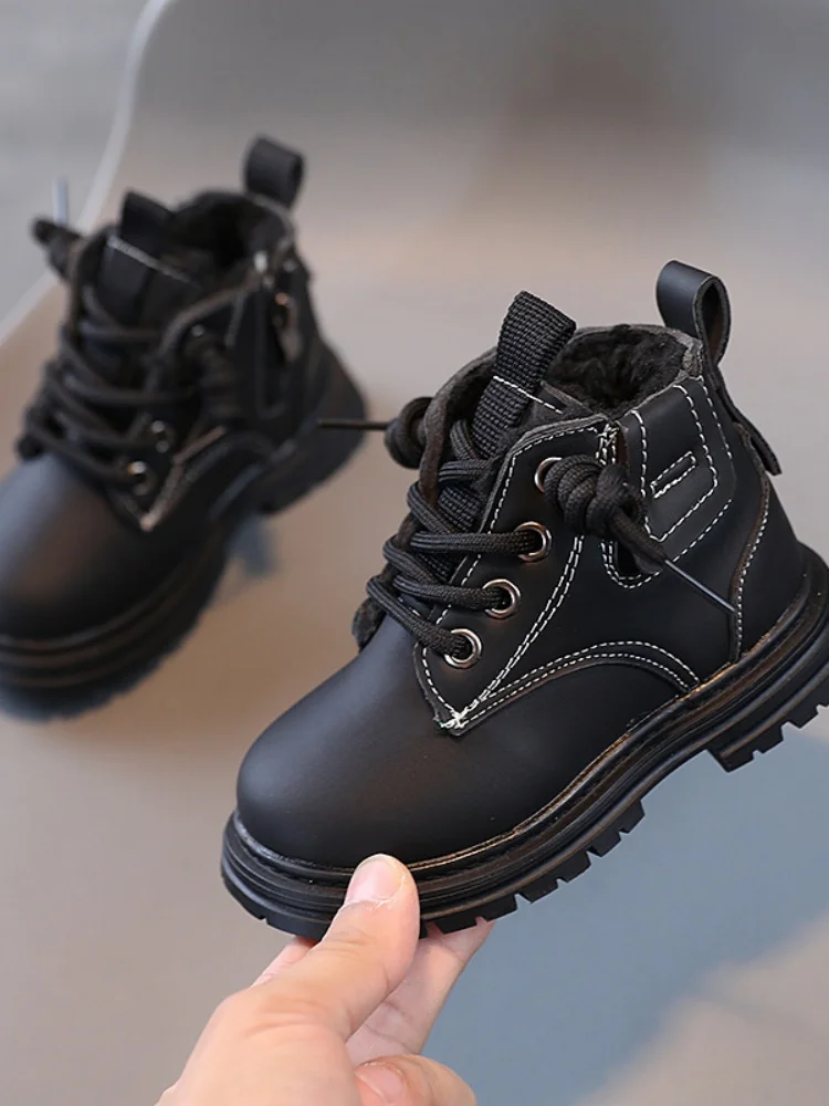 Schneestiefel für Jungen, Retro-Design, rutschfeste Schuhe für Kinder, seitlicher Reißverschluss, Winterstiefel mit Plüschfutter, rutschfeste Lederstiefel, Größe 21–30. – Detail 7