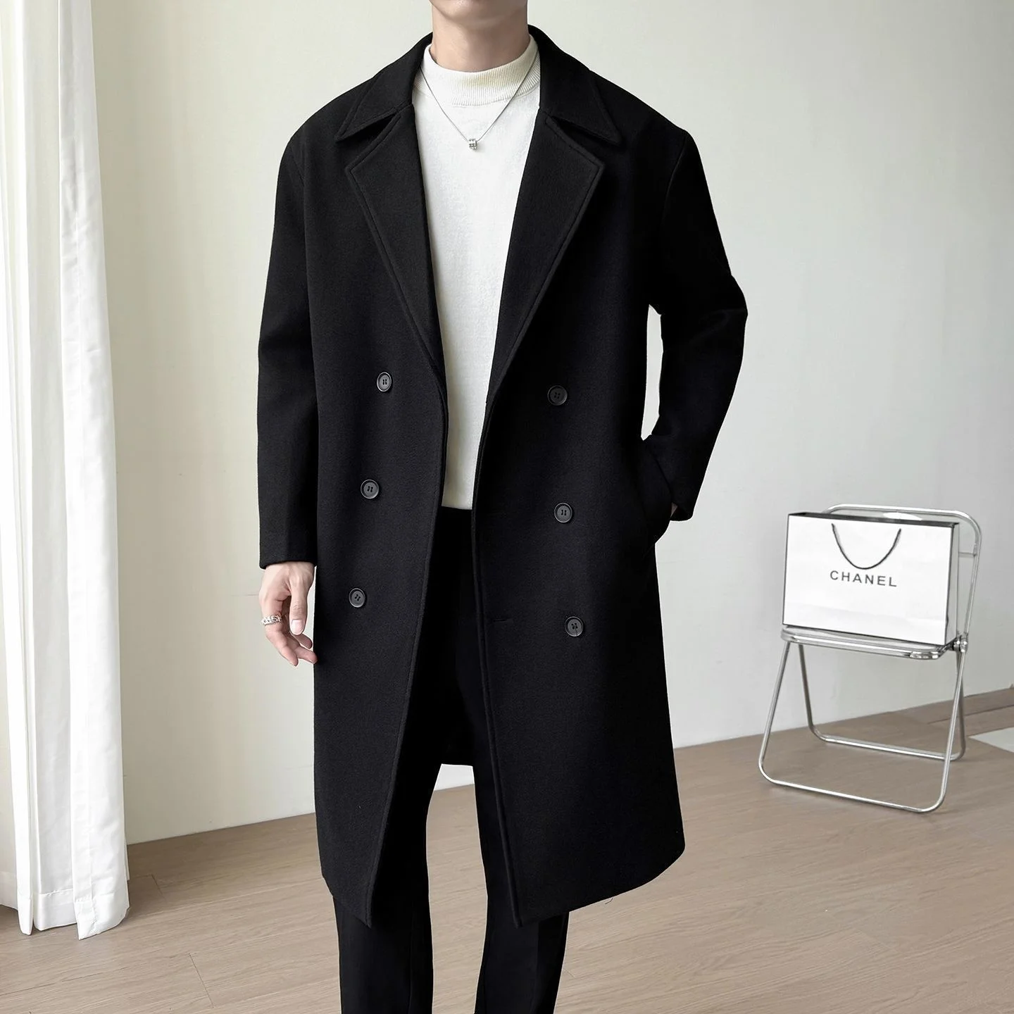 

Men's Mid-Length Woolen Coat Double-Breasted Autumn Winter Faionable Outerwear Stand Fit Polyester Blend Jaet