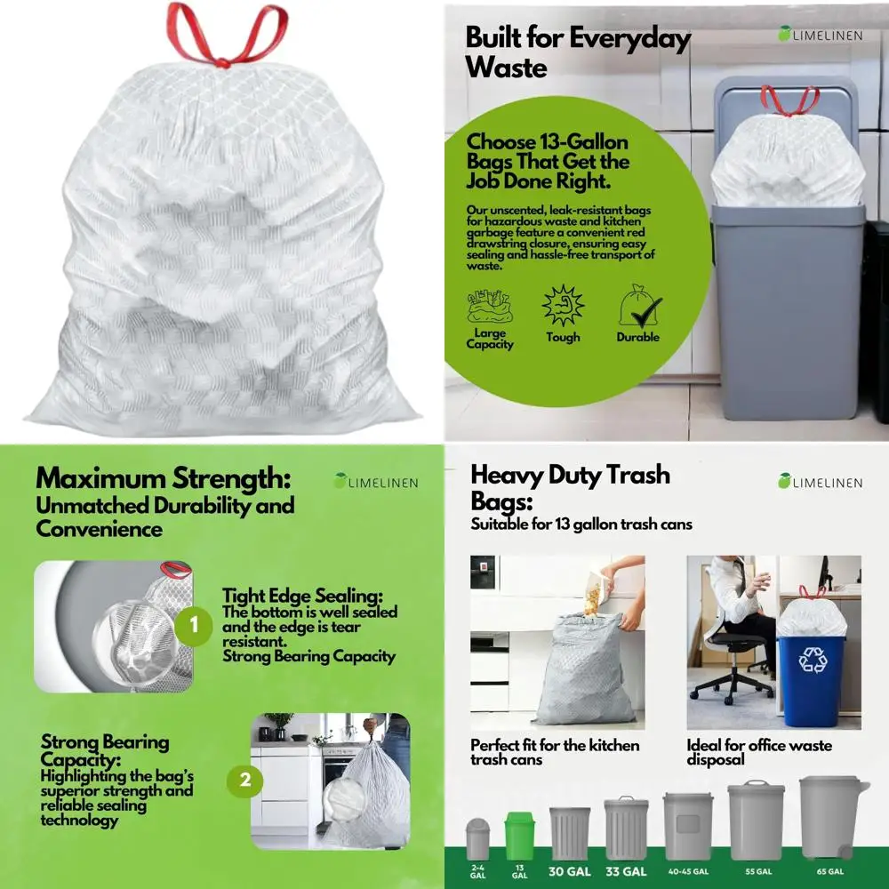 

13 Gallon Heavy-Duty Large Trash Bags, 400 Count, Leak & Odor Resistant, Flexible, White for Home and Business Use
