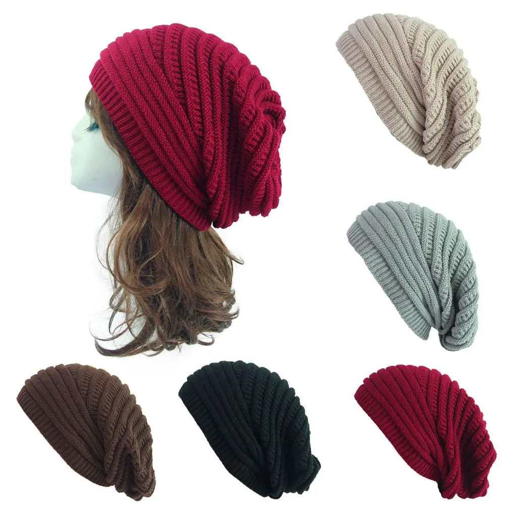 Unisex Fashion Womens Mens Knit Wool Baggy Beanie Hat Winter Warm Oversized Outdoor Ski Cap Hip Hop Striped Bonnet