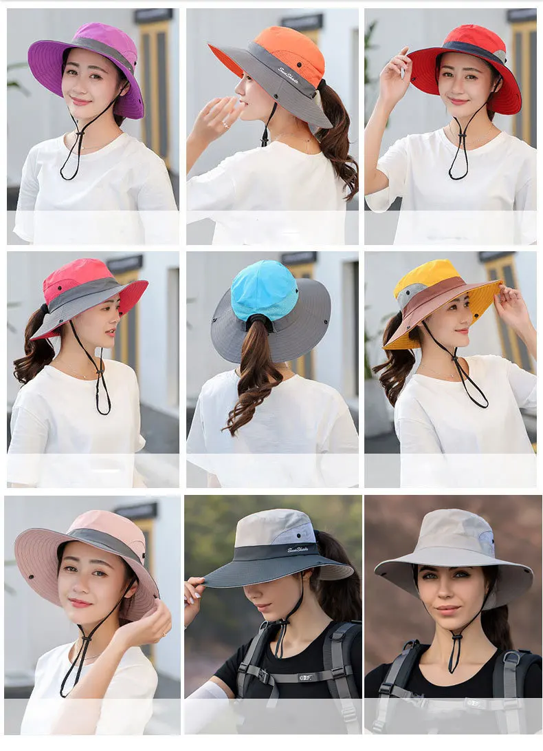 Parents-Child Fishing Hat 2024 Women Summer Ponytail Hat Outdoor UV Protection Bucket Hat Large Wide Brim Bob Hiking Sun Hat