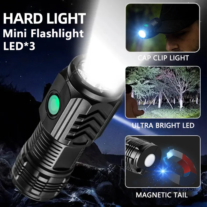 

Super Bright Mini Flashlight 3 Core LED Tactical Torch Rechargeable Camping Fishing Cap Clip Flashlight With Magnet Hand Lamp