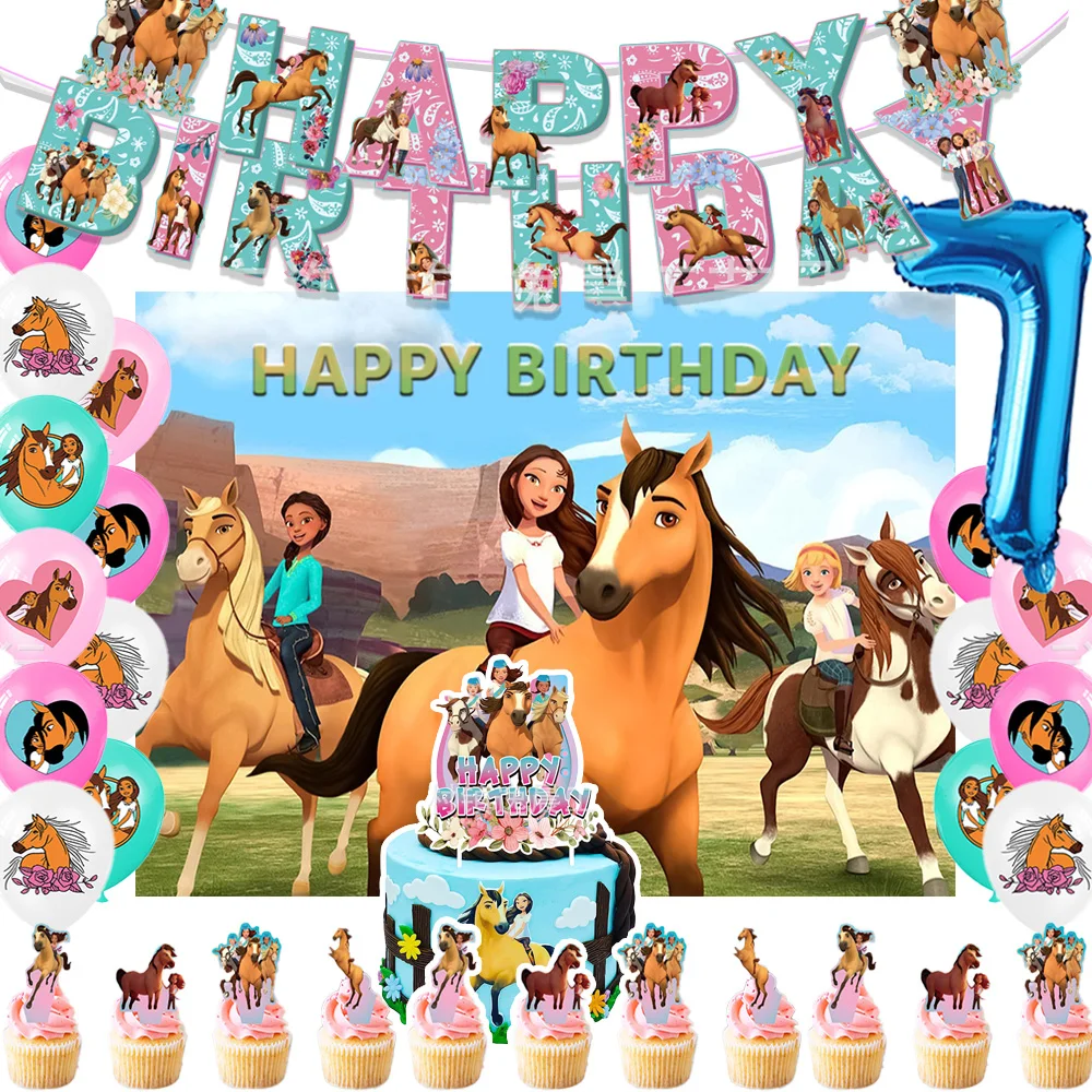Spirit Riding Horse Theme Birthday Party Decoration Spirit Riding Horse Balloon Backdrop Cake Topper Banner Kids Birthday Gifts