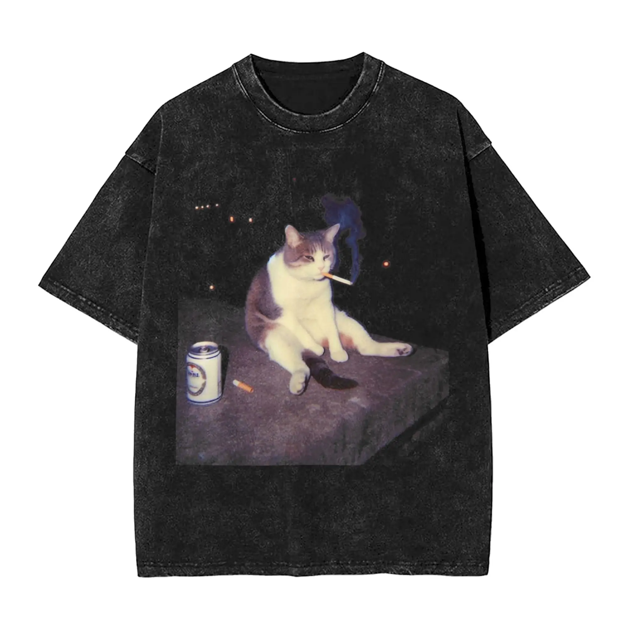 Awesome Cigarette Kitten Funny Smoking Cat Meme Stupid Brainrot T-Shirts Men Round Collar Cotton T Shirt Tees Unique Tops