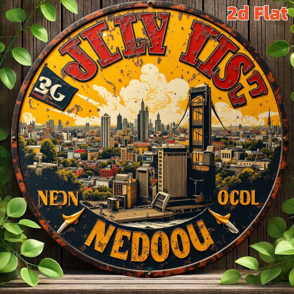 2D Flat, 2D FLAT 20.32*20.32 cm Vintage Metal Sign Jelly Rise City Skyline Retro Round Sign Industrial Urban Wall Decor for Bar