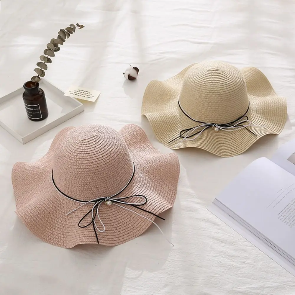 

Trendy French Style Pearls Strap Straw Hat Wide Brim Spring Summer Folding Straw Hats Beach Travel Women's Sun Hat Female