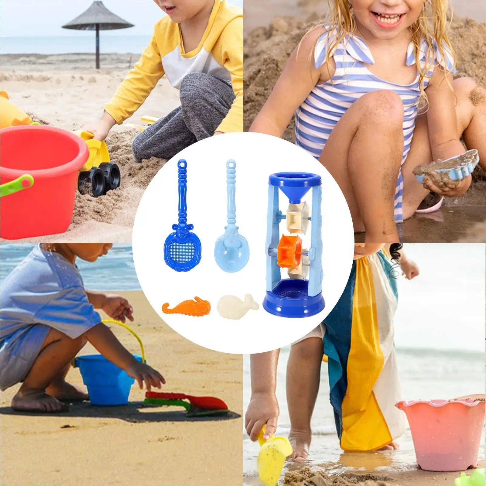 Juguetes de playa para niños, juego de arena de cinco piezas, palas de arena portátiles para actividades al aire libre en la piscina con césped