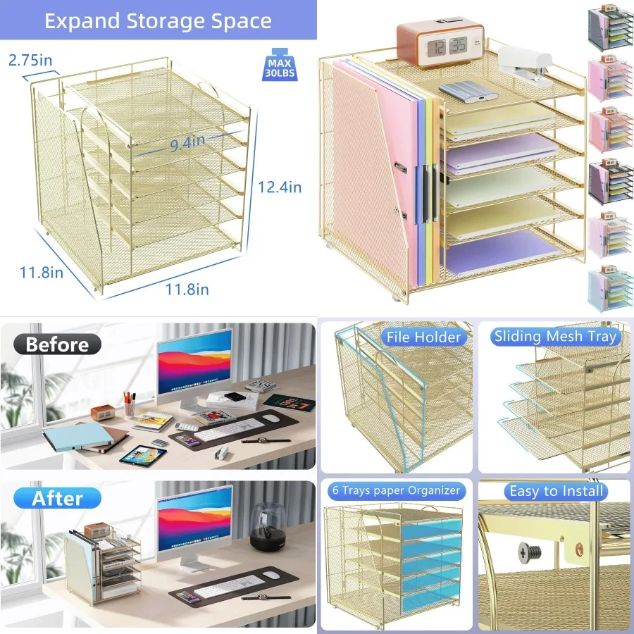 Organizador de papel de 6 niveles con revistero y organizador de archivos para escritorio Accesorios de oficina dorados y solución de almacenamiento para espacio de trabajo Id