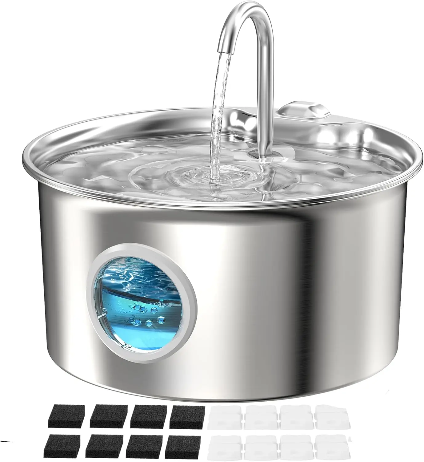

Stainless Steel Cat Water Fountain with 8 Filters & Sponges, 2.6L Quiet Pet Drinking Bowl for Indoor Cats