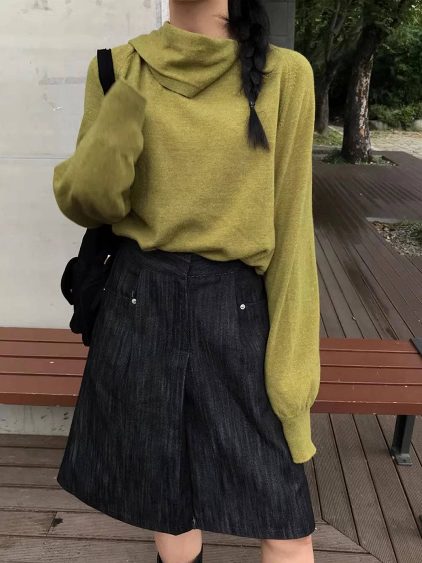 Chic Long Sve Knitted Scarf Ne Hanging Design Pure Color Versatile White Enhancing Women's Top Korean Sle Loose Fit