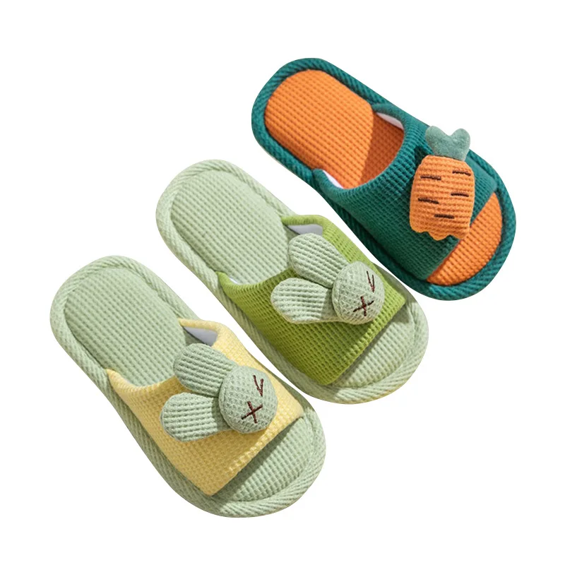 Rabbit slippers children\'s linen slippers household women summer household silent cartoon cotton linen slippers men lovers