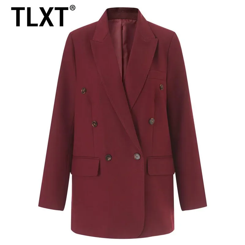 

TLXT модный женский двубортный пиджак, повседневный пиджак, офисное пальто с зубчатыми лацканами и карманами, пальто с длинными рукавами, новинка 2023 года