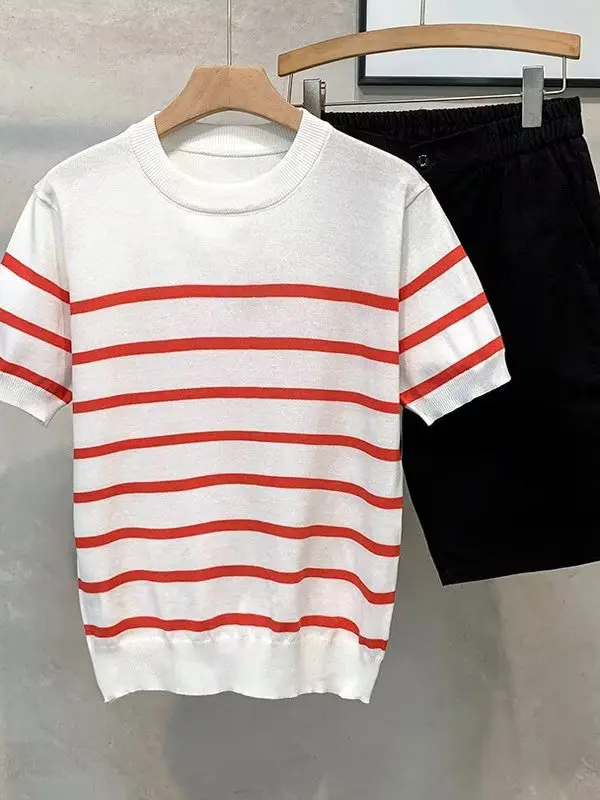 

Летний мужской вязаный свитер круглый Ne ort Sve Дышащий роскошный цветочный узор в полоску Цветная основа irt