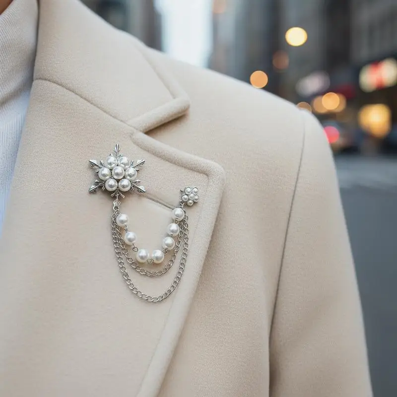 Winter Women’s Brooch Elegant Snowflake Design with Pearls and Chain Tassels
