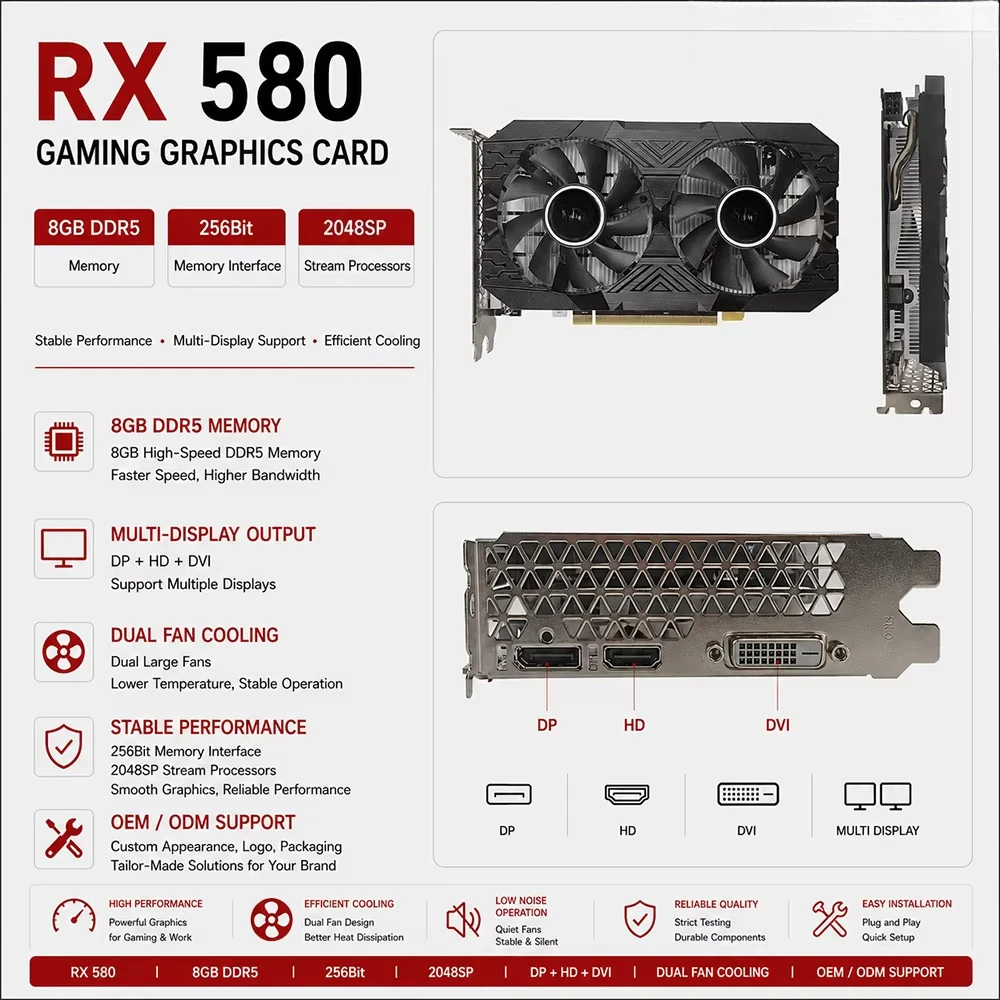 Original Radeon RX 580 Chipset 2048SP 8GB DDR5 256Bit Support OEM ODM Graphics Card Video Card in Stock