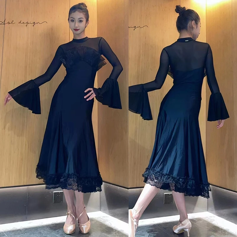 Flare Sleeve Ballroom Dance Dress Black Performance Costume Adult Women Practice Wear Tango Waltz Dancing Dresses DL11520