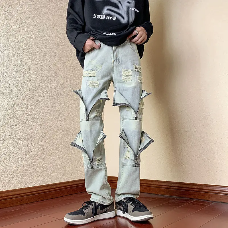 

Spring Autumn New Solid Color Elastic Waist Fashion Jeans Man High Street Button Pockets Zipper Patchwork Cotton Straight Pants