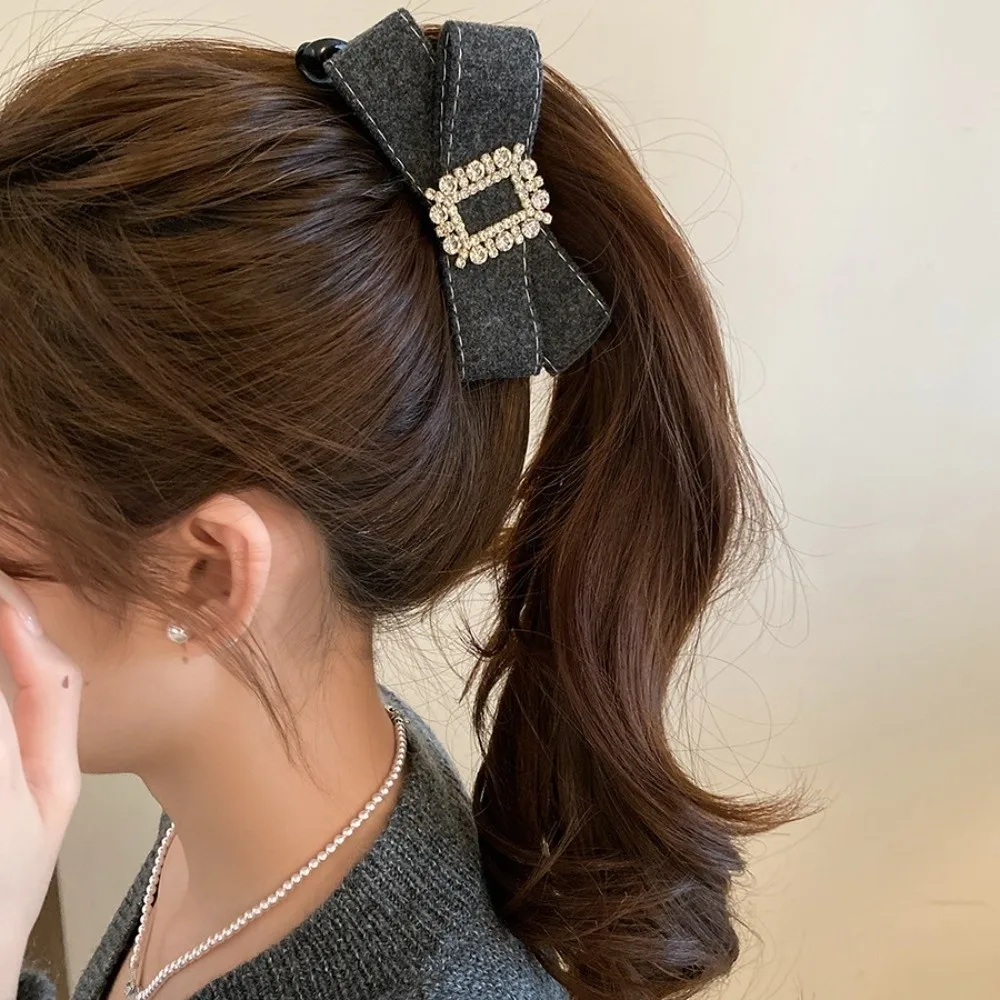 

Shark Clip Elegant Bow Banana Clip Korean Style Square Rhinestone Women Vertical Clip Hairpins Polyester Ponytail Holder Party