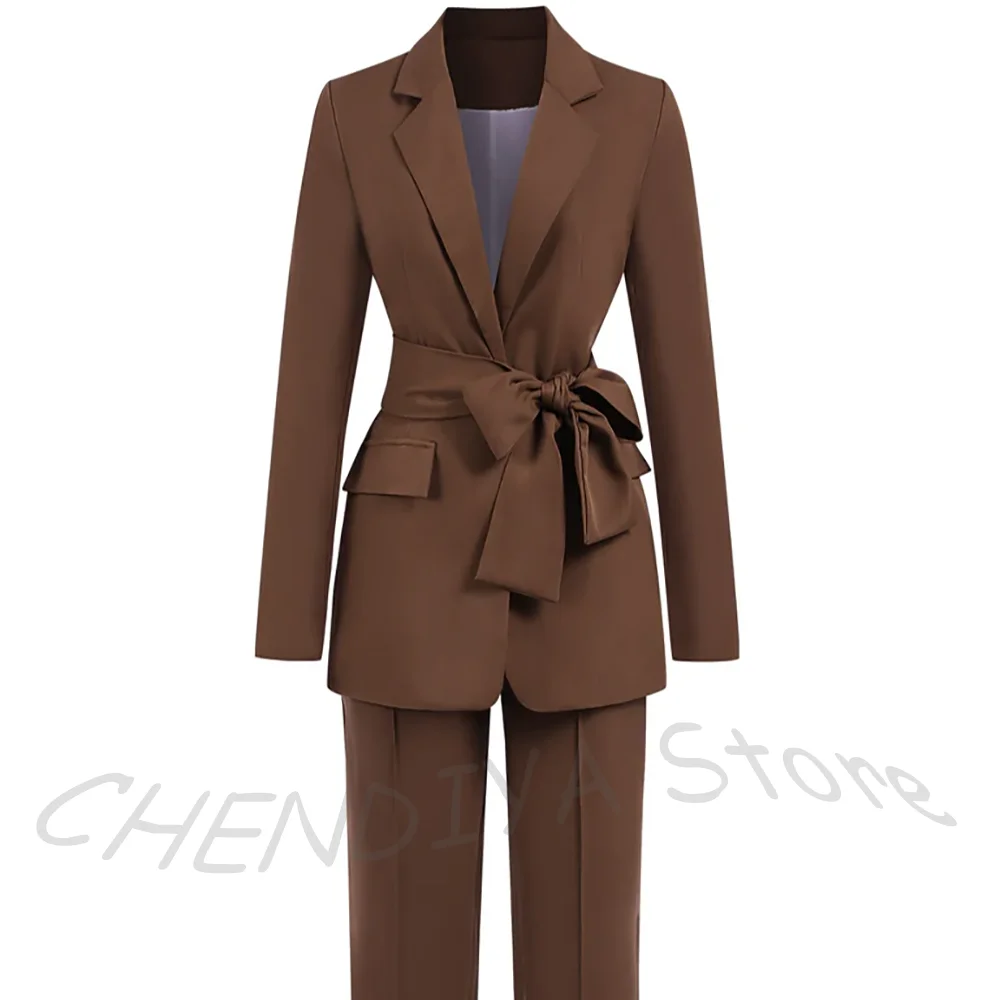 Two Piece Set For Women Outfit Tailored High Quality Notch Lapel Blazer With Belt Formal Event Prom Luxury Suit Jacket Pants