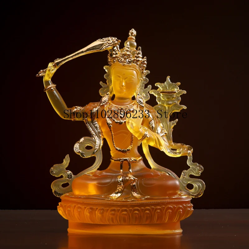 Tibetan Buddhist statue of Manjushri holding a sword in his right hand, for home, living room, or shrine decoration; resin mater