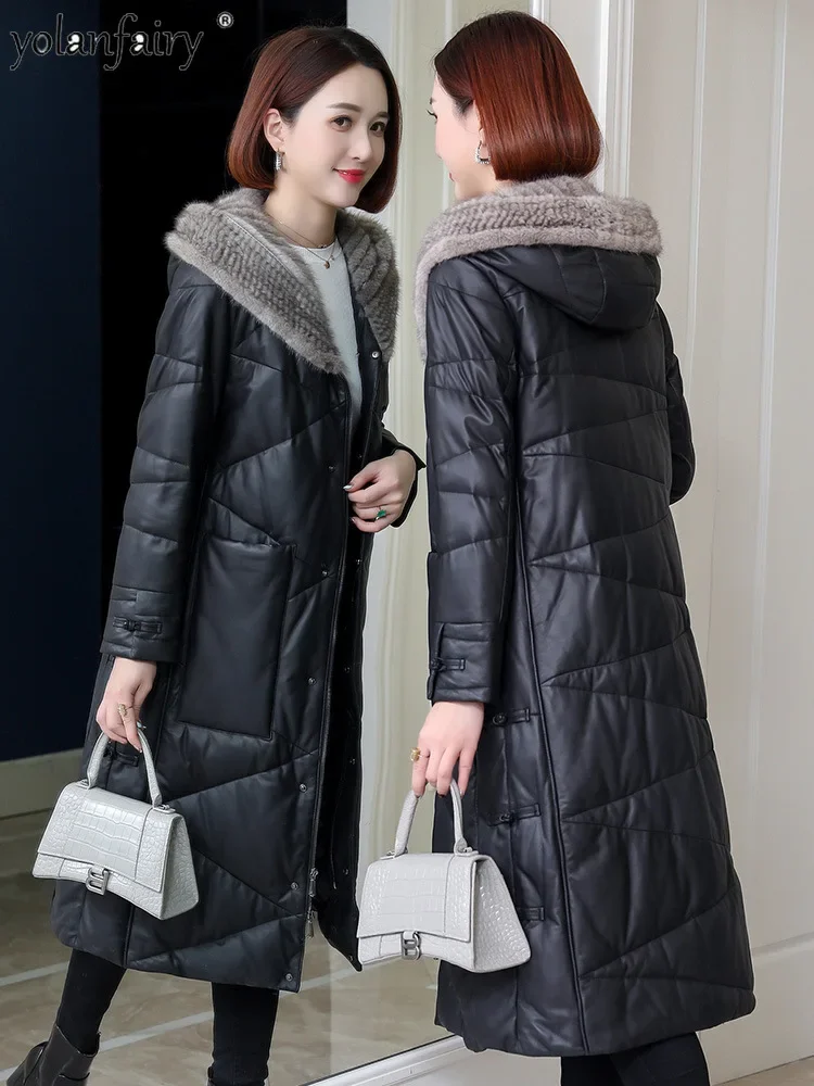 Genuine Leather Long Down Jacket Women Winter 2023 New in Outwears Female Mink Fur Hooded Slim Jackets Women's Clothes FCY5122