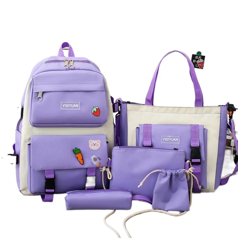 Color Block Backpack Single Shoulder Bag Pencil Case Five Piece Set Student Cute College Style High Capacity Buckle Outer Bag