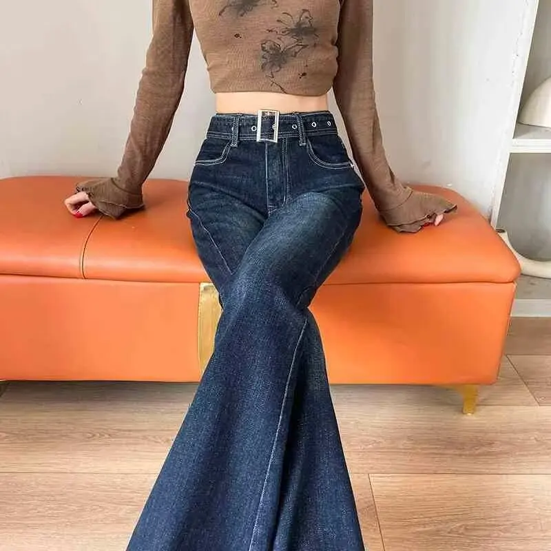 

Women's Mid-Waist Bell Bottom Jeans Spring 2025 Trendy Versatile Slimming Design Belted Casual Loose Fit Denim Pants