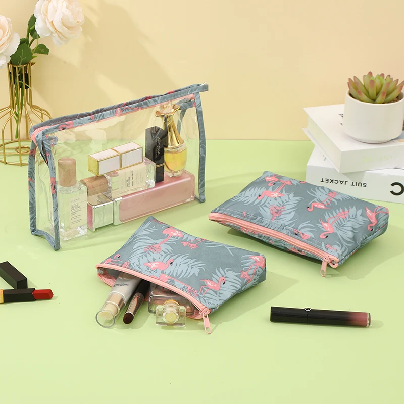 Fashionable Transparent PVC Waterproof Makeup Bag 3-piece set  Flamingo Portable Travel Skincare Storage Bag