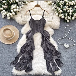 Hotsweet Sleeveless Vintage Hollow Out Chic Distressed Slim Asymmetrical Camis Straps Top French Streetwear High Street Clothing