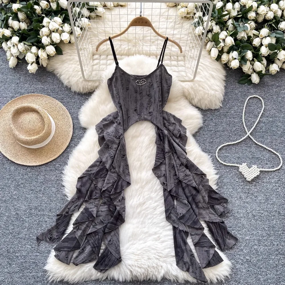 Hotsweet bez rękawów Vintage Hollow Out Chic w trudnej sytuacji szczupła asymetryczna koszulka na ramiączkach Top francuska odzież uliczna główna ulica