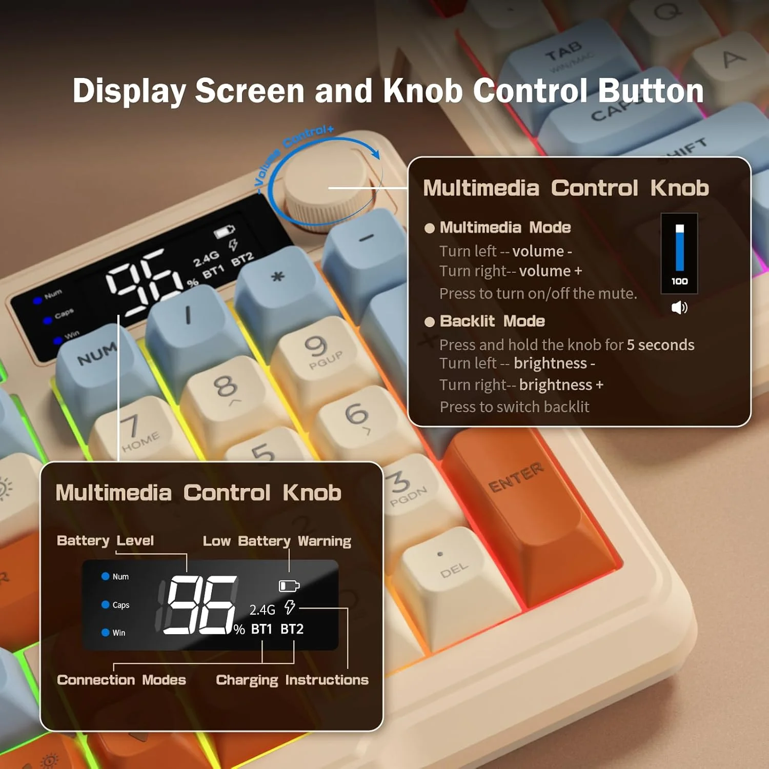 لوحة مفاتيح ألعاب لاسلكية ZIYOU LANG M96 96% غشائية BT/2.4G LED قوس قزح صامت