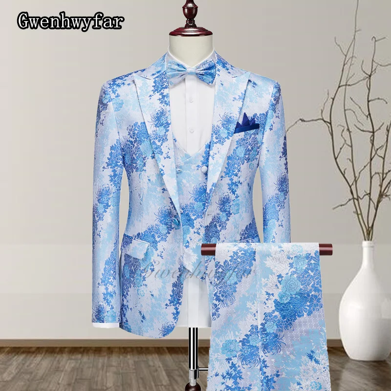 

Gwenhwyfar 2025 Hot New Product Blue Print Fashion Men's Suit Banquet Party Wedding Bridesman Bridesman Tuxedo Costume Homme