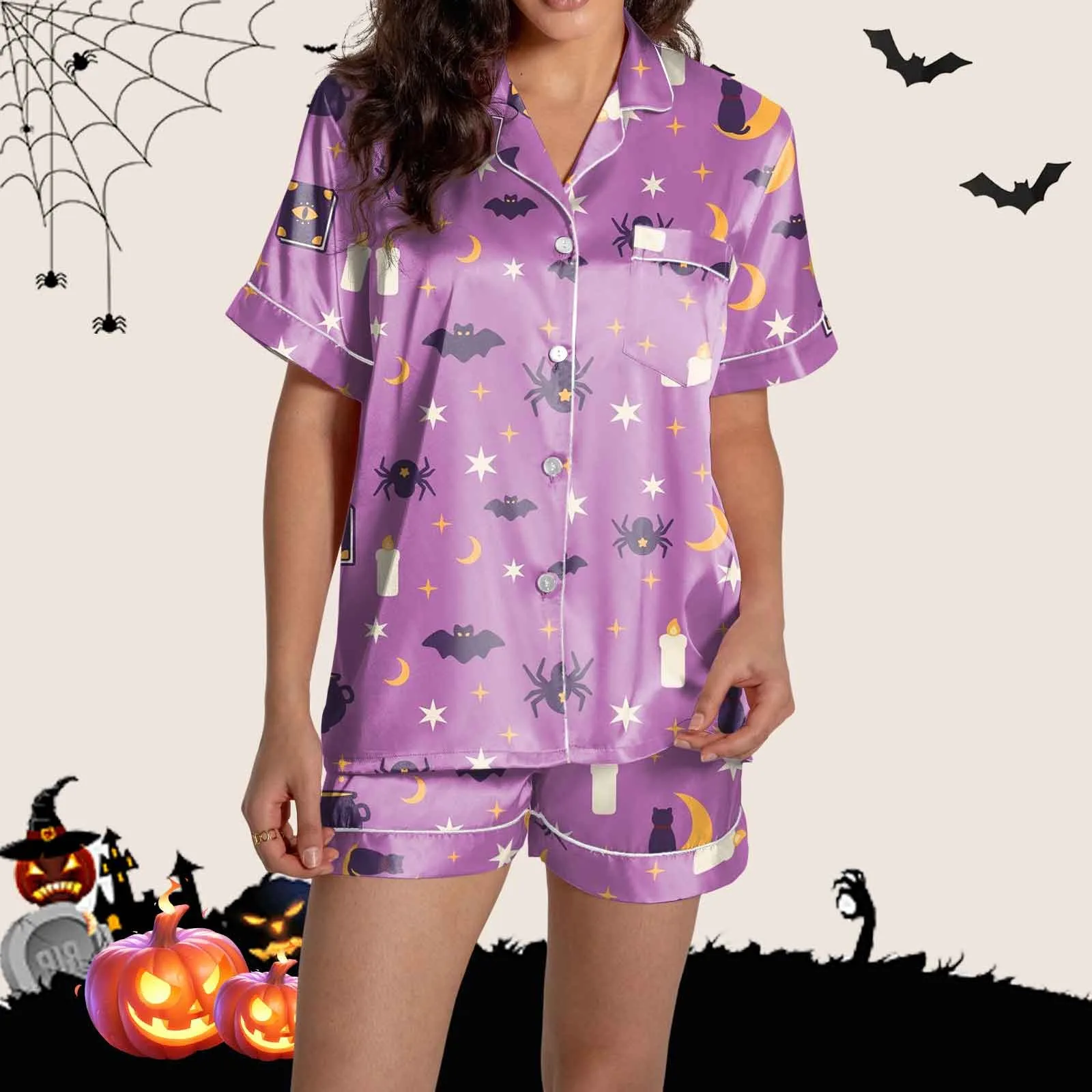 Halloween Pumpkin Bat Print Pajama Set For Women Comfortable Short-Sleeved Lapel Top And Baggy Shorts Loungewear For Women