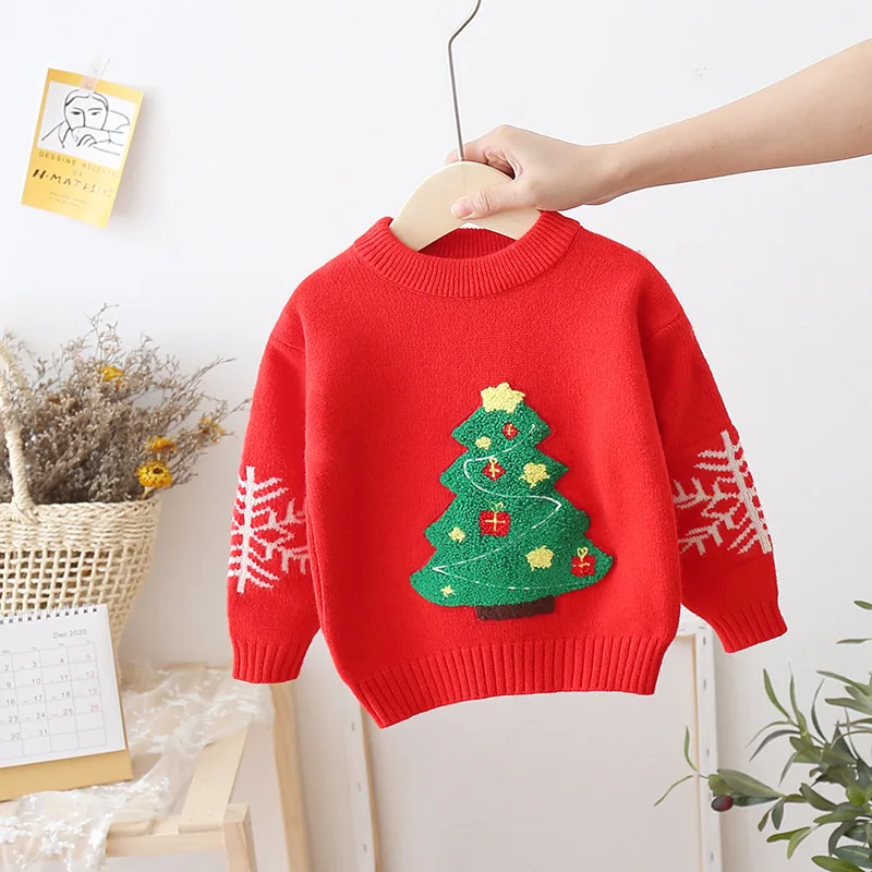 New Year\'s Wear Children\'s Red Knitted Pullover Boy Cartoon Bottom Girl Cartoon Christmas Sweater Thickened Foreign Style