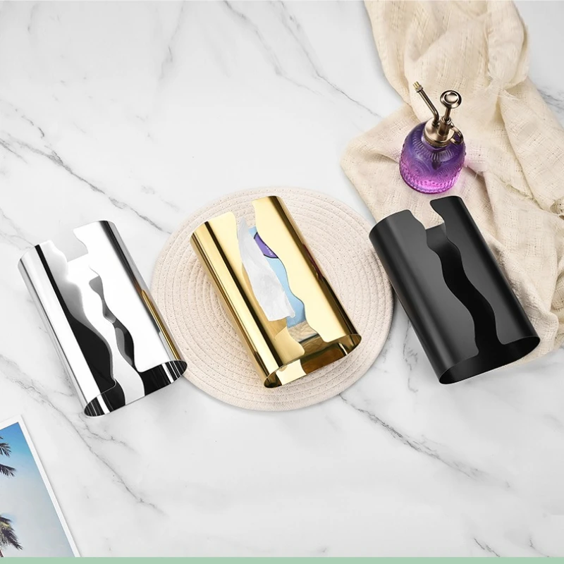 1PC Stainless Steel Curved Tissue Box Light Luxury Home Living Room Creative Desktop Free Punching Tissue Storage Box