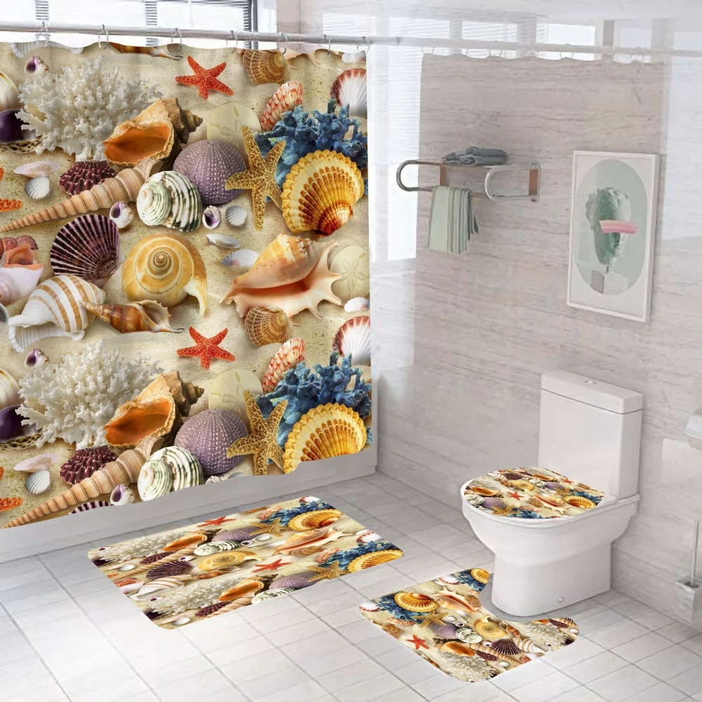 4pcs Beach Shells Shower Curtains Set Summer Waterproof Shower Curtain Anti-slip Mat Toilet Cover Set Marine Style Bathroom Deco