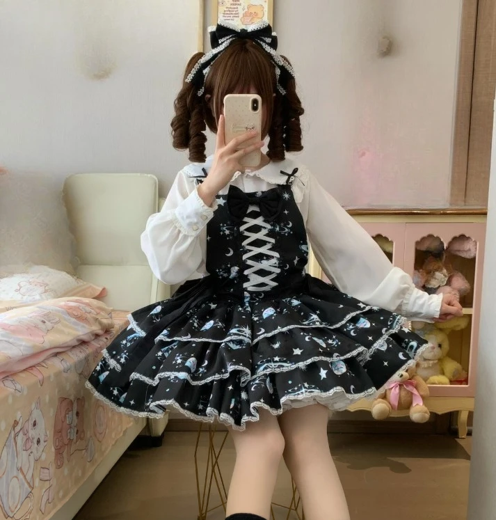 New Sweet Girl Cute Bow Slash Neck Suspender Dress Fashion High Waist A-line Versatile Age Reduction Print Princess Dresses