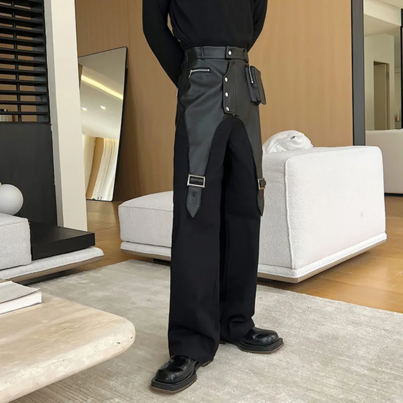 IEFB Men Trousers PU Leather Patchwork Casual Cargo Pant Straight Tube Streetwear Trend Male Spliced Overalls Fashion New 9C1775