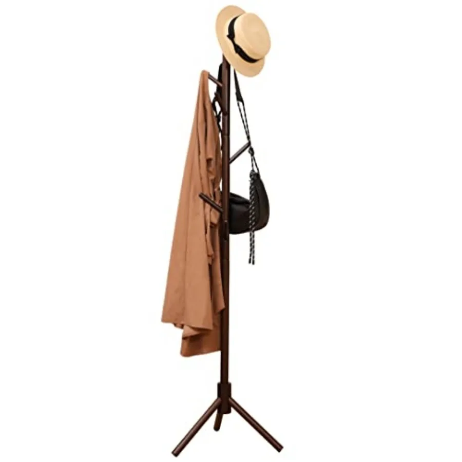 

Standing Wooden Coat Rack Modern Garment Stand Hall Tree Jackets Hats Purses Hanger Holder with 8 Hooks for Bedroom Living Room